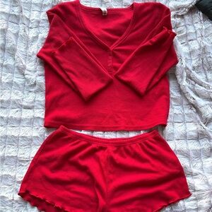 Red Ribbed Lounge Set Button Top & Scalloped Shorts